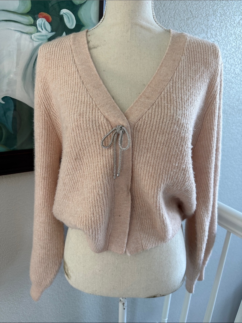 H&M Soft Blush Pink Rhinestone Bow Rib Knit Cardigan Sweater